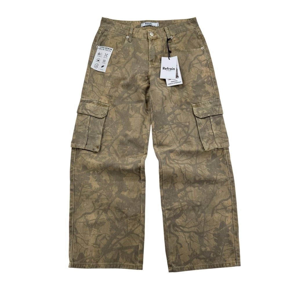 Refrain Printed Cargo Straight Pants Women 5/27 Tan Camo New Luxe Denim J1495